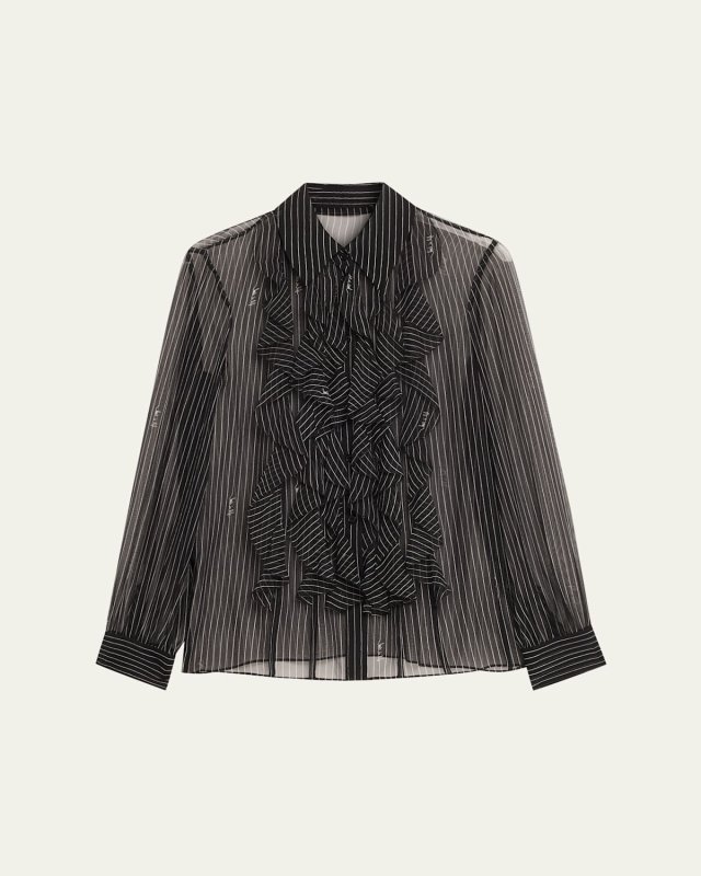 Eva Sheer Pinstripe Script Ruffle Blouse